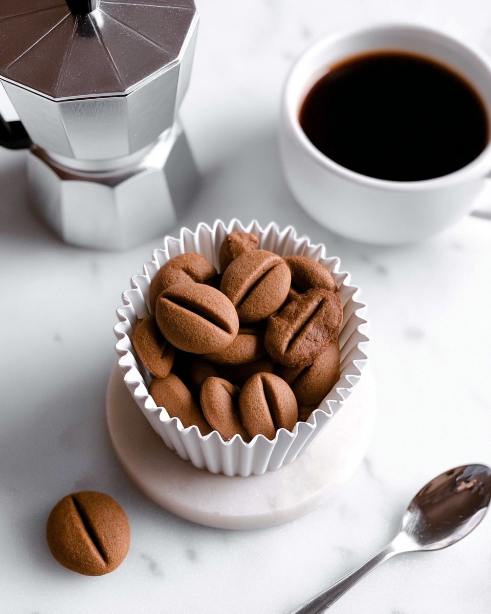 The image shows a white fluted paper cup filled with multiple brown, oval-shaped cookies that look like coffee beans, each with a single deep line down the center. Next to the cup is one similar cookie placed on the white marbled surface. Above the cup, there is a metallic stovetop coffee pot with a reflective surface, and to its right, a white cup filled with black coffee resting on a white marble coaster. A small shiny spoon lies on the white marbled surface near the bottom right corner. The overall scene is set on a clean white marbled texture. photo taken with an iphone --ar 4:5 --v 7
