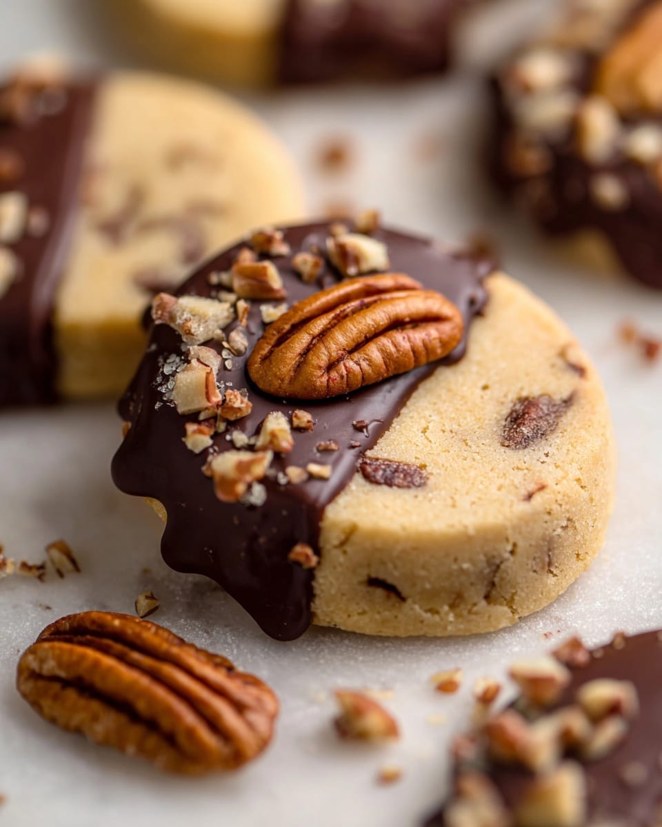 The image shows a close-up of a round cookie partially dipped in dark chocolate on one side, topped with small chopped nuts. The cookie itself is light tan with small bits of nuts baked inside, and a whole pecan nut is embedded on top near the center. The chocolate side is glossy and smooth with drips running off the cookie edge. Around the main cookie, there are other similar cookies blurred in the background, also with pecan nuts and some dipped in chocolate. A whole pecan nut lies on the white marbled surface beside the cookie. photo taken with an iphone --ar 4:5 --v 7
