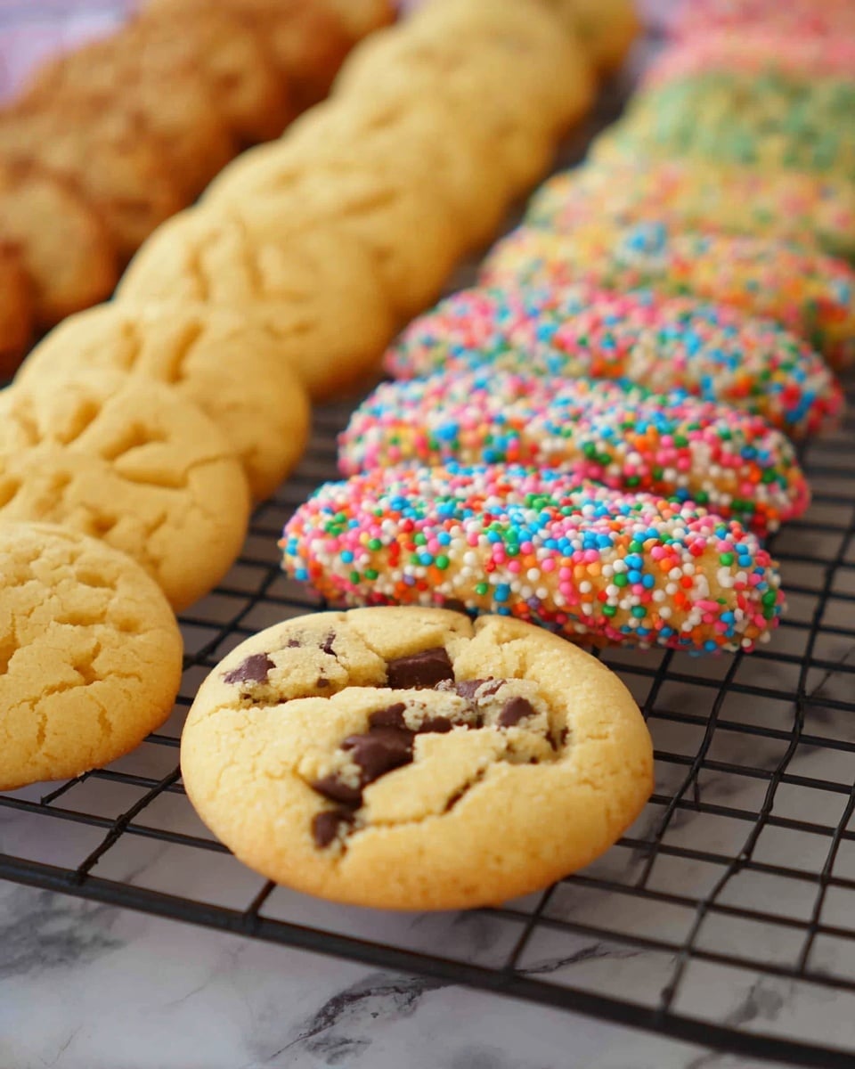 The image shows three kinds of cookies arranged in rows on a black cooling rack over a white marbled surface. The closest row has round cookies with light golden color and large dark chocolate chunks, showing smooth cracked texture. The middle row has soft yellow cookies covered fully with small round colorful sprinkles in red, blue, green, pink, and white, creating a bright and festive look. The farthest row has plain golden cookies with faint decorative impressions on top, looking simple and soft. The cookies are close together, and the photo is taken from a low angle that focuses on the front with the others softly blurred in the background. photo taken with an iphone --ar 4:5 --v 7