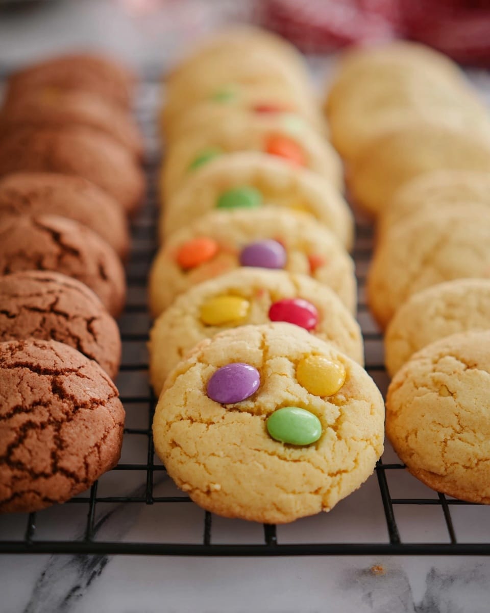 The image shows a close-up view of three rows of cookies arranged neatly on a black cooling rack placed on a white marbled surface. The middle row features light yellow cookies with colorful candy pieces in purple, red, green, yellow, and orange embedded on top, creating a playful and inviting look. On the left side, there is a row of plain brown cookies with a rough cracked texture on the surface. The right side has more light yellow cookies, some appearing plain, and some with candies, slightly out of focus. The background is softly blurred, emphasizing the variety and colors of the cookies. Photo taken with an iphone --ar 4:5 --v 7