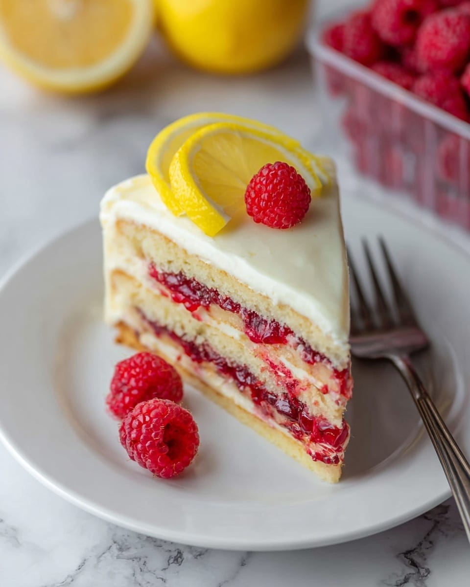 A slice of layered cake sits on a white plate placed on a white marbled surface. The cake has three visible layers: a top layer of smooth white frosting, a middle layer filled with bright red raspberry jam mixed with pieces of raspberries, and a bottom layer of light yellow cake. Two fresh raspberries and a thin slice of bright yellow lemon with a curved shape garnish the top of the cake. Three more fresh raspberries rest on the plate near the cake slice. In the background, a container filled with fresh raspberries and a lemon wedge are slightly blurred. A silver fork is placed to the right side of the plate. photo taken with an iphone --ar 4:5 --v 7