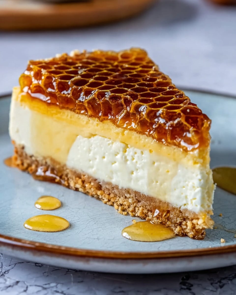 A close-up of a slice of honeycomb cheesecake with three distinct layers, placed on a white plate with a slight blue tint and a rustic edge. The bottom layer is a crumbly, golden-brown crust, the middle layer is a thick, creamy off-white cheesecake, and the top layer is a shiny, amber honeycomb honey glaze with hexagonal patterns that look sticky and smooth. Small drops of honey are visible on the plate near the cheesecake slice. The background features a soft focus with a white marbled texture visible beneath the plate. photo taken with an iphone --ar 4:5 --v 7