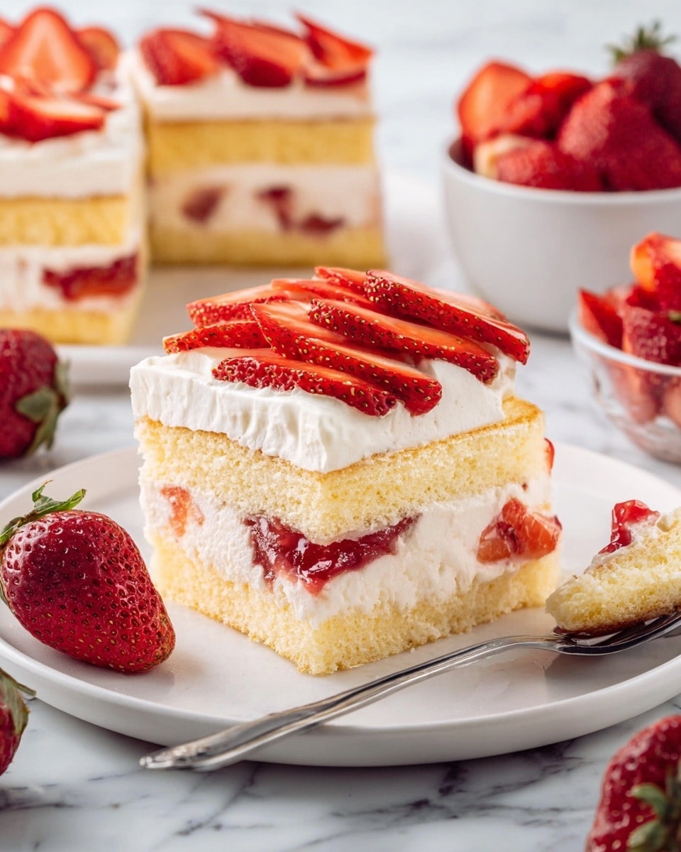 The image shows a square piece of strawberry shortcake on a white plate, with four visible layers: the bottom layer is a light yellow sponge cake, followed by a thick white cream layer with small chunks of strawberries, then another sponge cake layer with a thin spread of red strawberry jam, topped by a thick white cream layer and decorated with thin strawberry slices arranged neatly on top. A piece of the cake is scooped onto a silver fork resting on the plate, and a halved strawberry sits beside the cake. In the background, there are more strawberries, a bowl filled with sliced strawberries, and another piece of the cake, all placed on a white marbled surface. photo taken with an iphone --ar 4:5 --v 7