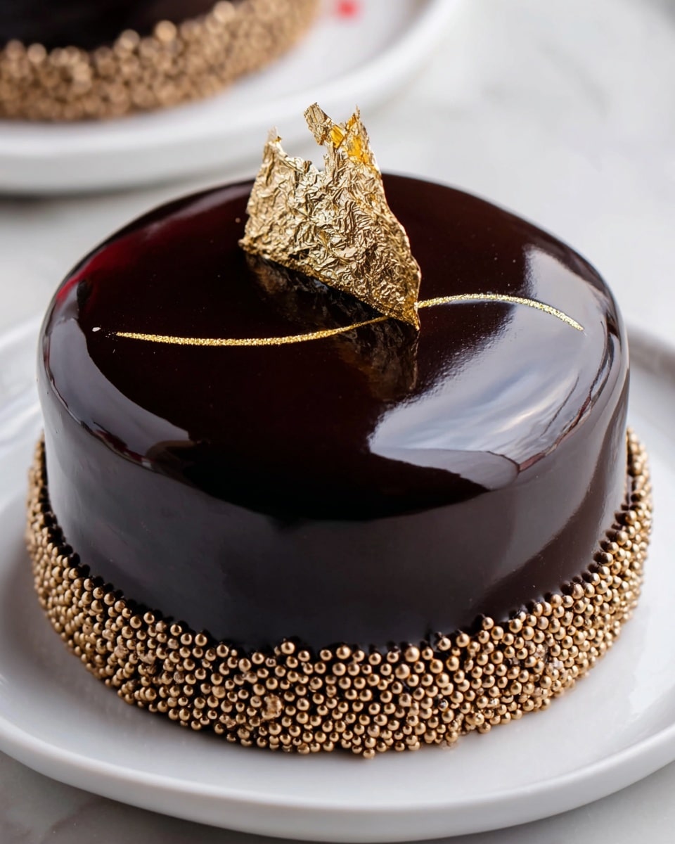 Three small round cakes with a smooth, shiny dark chocolate glaze cover each cake completely. Around the bottom edge of each cake, there is a layer of tiny light gold spherical sprinkles. On top of each cake, there is a small piece of crinkled gold leaf decoration, along with a thin curved line of gold detail that adds a delicate touch. The cakes are placed in a row on a long white rectangular plate, set against a white marbled surface. The background is softly blurred with warm, light colors. Photo taken with an iphone --ar 4:5 --v 7