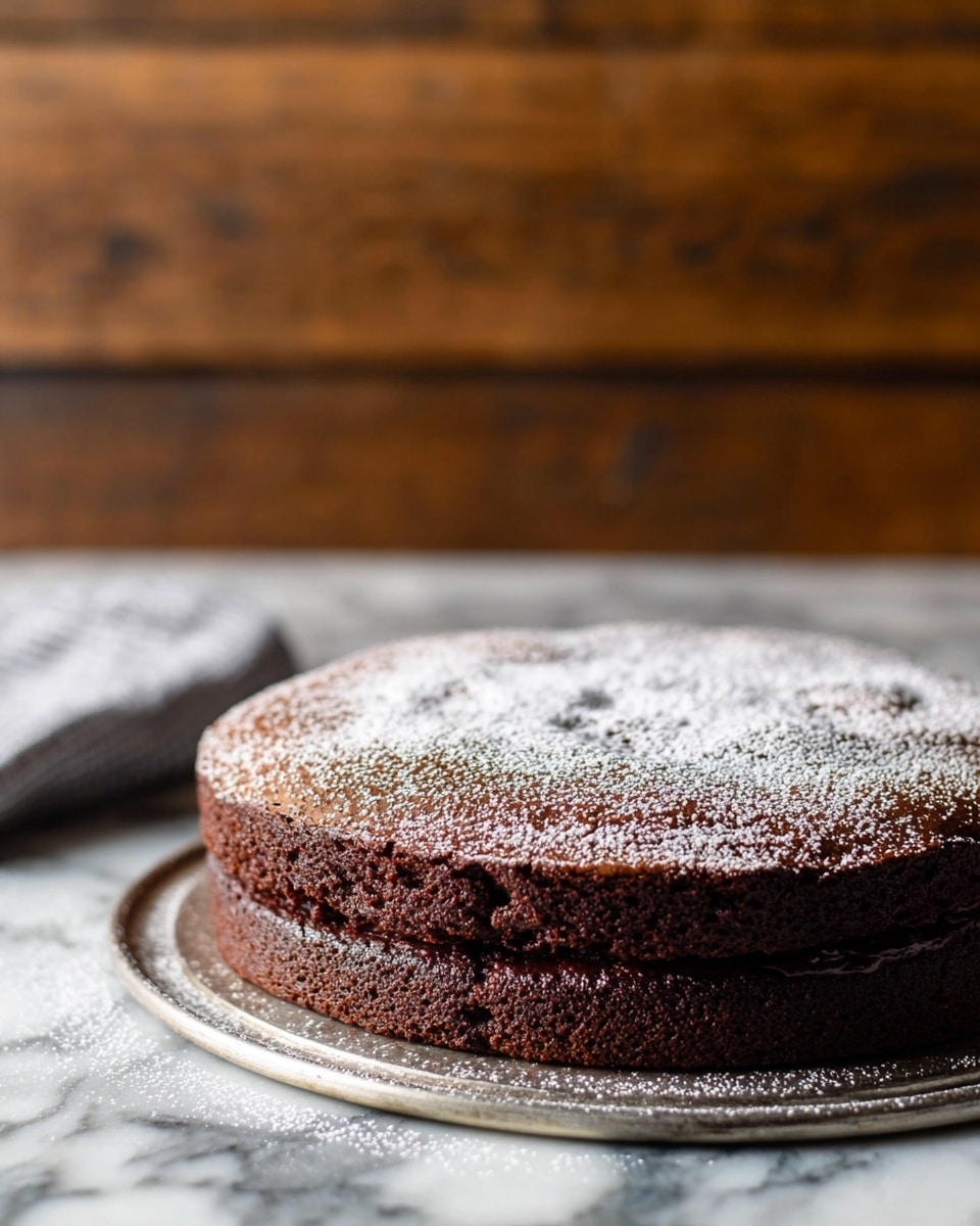 A round, two-layer chocolate cake sits on a metal base, each layer a rich dark brown with a slightly cracked and soft texture. The top layer is lightly dusted with powdered sugar, adding a touch of white that contrasts with the deep brown cake. The cake edges are slightly raised and rough, showing a homemade look. The cake is placed on a surface with a white marbled texture and a wooden background blurred softly behind it. Photo taken with an iphone --ar 4:5 --v 7