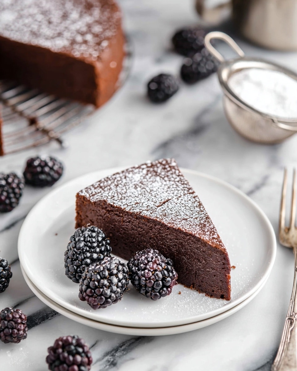 A single slice of rich chocolate cake with a dusting of white powdered sugar on top, showing one smooth dark brown layer with a dense texture, placed on a white plate. Next to the slice are three shiny blackberries with deep purple-black color and bumpy surfaces. Around the plate, there are more blackberries scattered on a white marbled surface, along with a silver fork to the right and a metal sifter holding powdered sugar above the cake in the background. Photo taken with an iphone --ar 4:5 --v 7