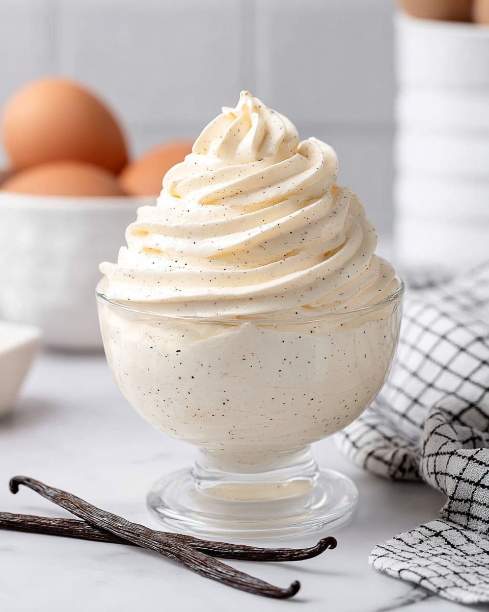 A clear glass dessert cup filled with one thick layer of light cream with visible tiny black vanilla bean specks, swirled in soft peaks at the top creating a smooth, fluffy texture. The cup sits on a white marbled surface with two dark brown vanilla pods lying in front of it. In the background, blurred elements include a white bowl with brown eggs and a white container. A black and white checkered cloth is partially visible on the right side, enhancing the clean and fresh presentation. photo taken with an iphone --ar 4:5 --v 7