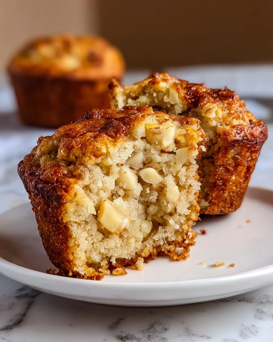 The image shows a close-up of a muffin cut in half, with a golden-brown, slightly crispy outer layer as the top and sides. Inside, the muffin has a light beige, fluffy texture with small, visible chunks of white fruit or nuts spread throughout the two halves. They are placed on a white plate with blue and beige brushstroke patterns, sitting on a white marbled surface. The background is softly blurred with warm tones and some red and metallic kitchen objects faintly visible. photo taken with an iphone --ar 4:5 --v 7