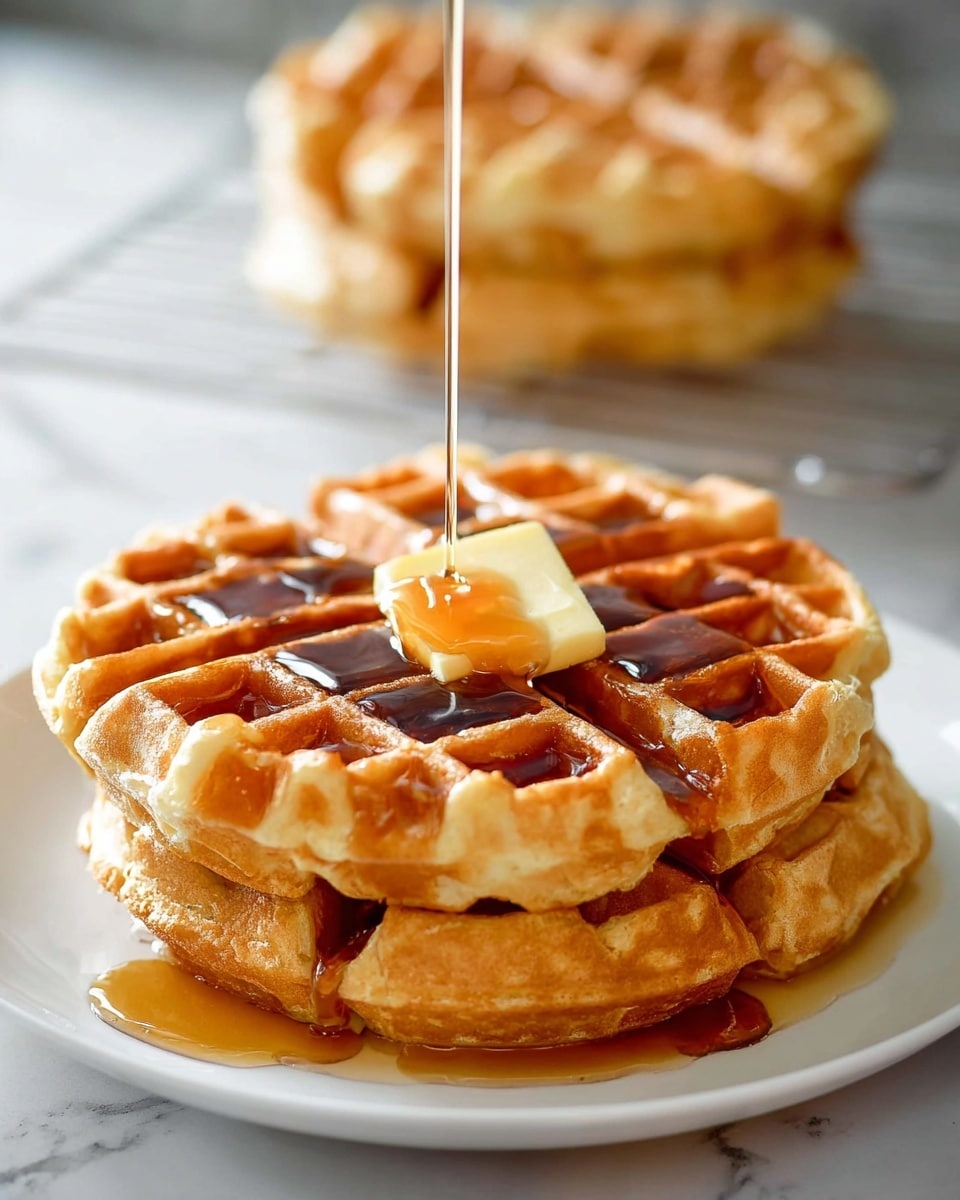 A stack of two thick, golden-brown waffles sits in the center of a white plate on a white marbled surface. Each waffle is divided into four segments with deep, square pockets filled with amber syrup. A small square of melting butter rests on the top waffle's center, where a steady stream of syrup is being poured from above, creating a glossy shine on the waffle surface and dripping down the sides. In the blurred background, another similar stack of waffles is placed on a wire rack. The image has soft natural light highlighting the warm tones of the waffles. Photo taken with an iphone --ar 4:5 --v 7