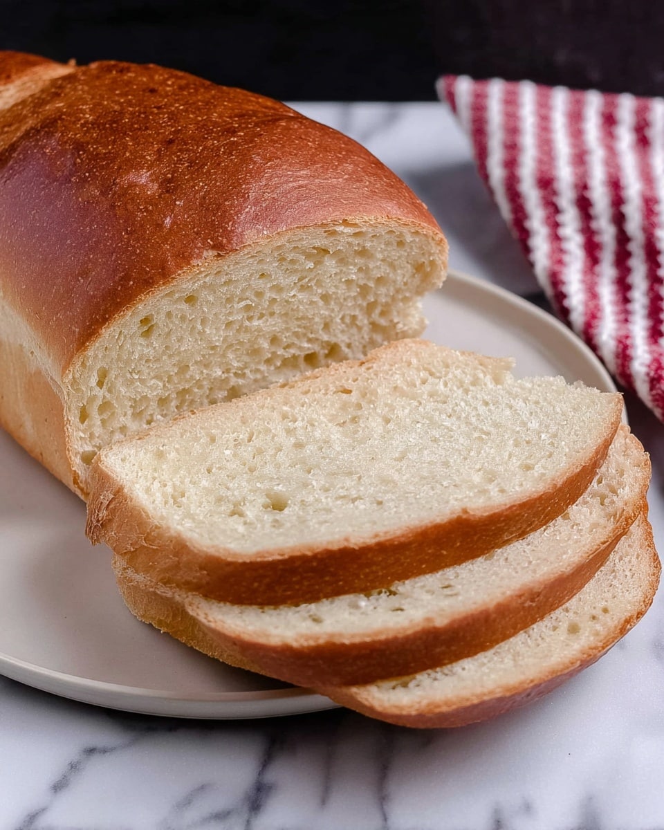 The image shows a loaf of bread with three thick slices cut from it, lying flat and slightly overlapping each other in front of the main loaf. The bread has a light brown crust with a shiny, golden top layer and a soft, pale beige inside with a fine, airy texture. The bread rests on a white plate placed on a white marbled surface. To the right of the bread is a cloth with red and white stripes. Photo taken with an iphone --ar 4:5 --v 7