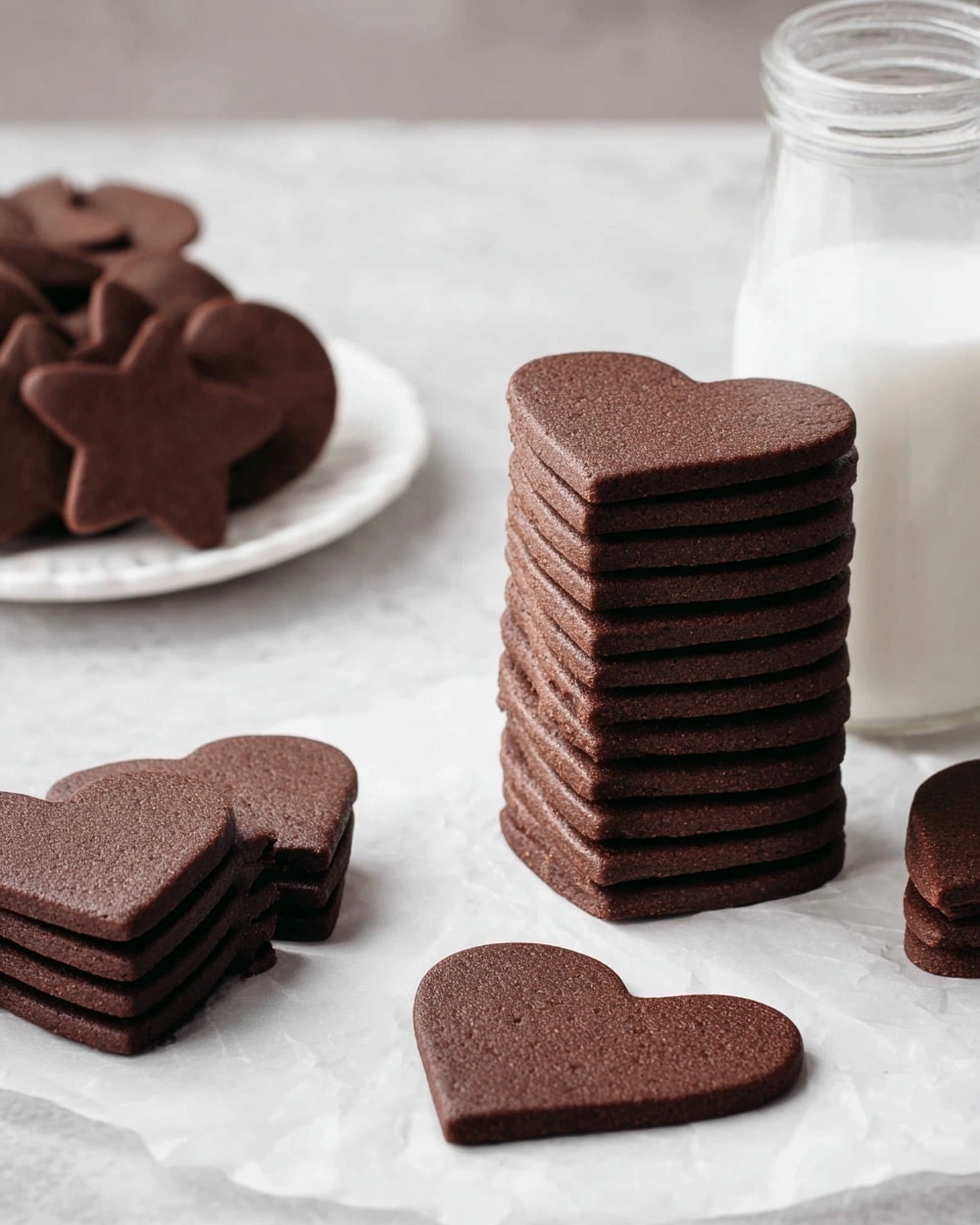 The image shows stacks of dark brown chocolate cookies on a white marbled surface. The tallest stack is made of heart-shaped cookies, each layer smooth and flat, with about ten cookies rising vertically. Next to it is a smaller stack of round cookies, also with a smooth and flat texture, containing about ten layers. In front, two flat heart-shaped cookies lie separately on the surface. To the left, there is a smaller stack of star-shaped cookies with five layers, and behind that is a white plate holding more cookies. A clear glass milk bottle filled with fresh milk is placed in the background, enhancing the cozy and simple scene. photo taken with an iphone --ar 4:5 --v 7