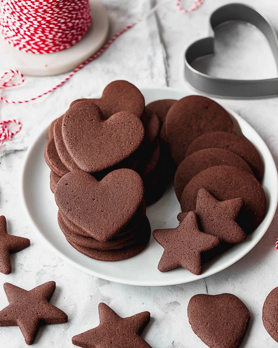 A white round plate filled with several layers of dark brown cookies in different shapes. The top layer shows large heart-shaped cookies, below them round cookies in two stacks on the right side and several star-shaped cookies on the left side. More star and heart-shaped cookies are scattered around the plate on a white marbled surface. At the top left of the image, there is a roll of red and white string, and at the top right, a grey heart-shaped cookie cutter. photo taken with an iphone --ar 4:5 --v 7