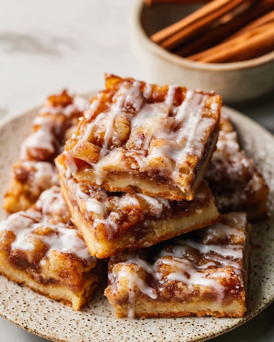 A close-up view of five thick square dessert bars stacked on a white textured plate, each bar showing three visible layers: the bottom is a golden-brown crust, the middle is filled with pinkish-brown chunks covered in a shiny glaze, and the top is drizzled with a white icing that contrasts with the caramelized surface. The bars look soft and gooey with clear cinnamon spice hints, and in the background, there is a white bowl with cinnamon sticks on a white marbled surface. photo taken with an iphone --ar 4:5 --v 7