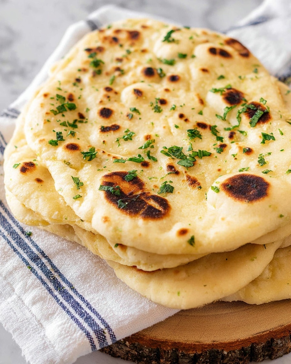 A close-up view of a stack of four light golden flatbreads with slightly dark brown charred spots scattered across their surfaces. The top flatbread is sprinkled with small pieces of fresh green herbs, adding a touch of color contrast. The flatbreads have a soft, slightly puffy texture with uneven edges. They rest on a white and blue-striped cloth, which is placed on a wooden slice with a rough, natural bark edge, all set on a white marbled surface. photo taken with an iphone --ar 4:5 --v 7