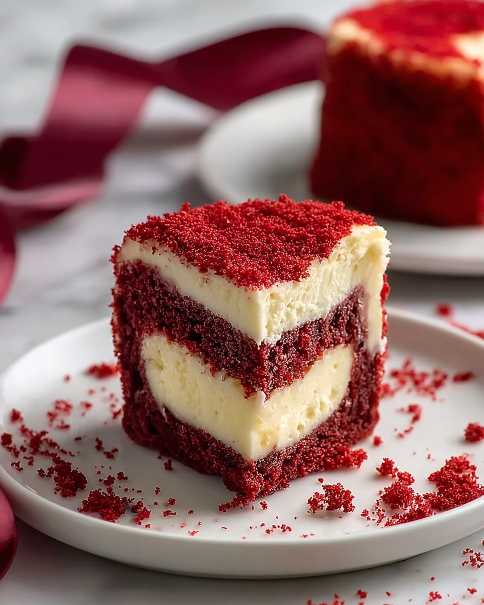 A small red velvet cake with a rich red crumb exterior covered in fine red crumbs, sliced to reveal three layers: the top and bottom layers are red velvet cake with a moist, soft texture, and the middle layer is creamy white cheesecake with smooth texture; it sits on a white plate on a white marbled surface with scattered red crumbs around it, and a blurred second cake in the background with a dark red ribbon nearby. Photo taken with an iphone --ar 4:5 --v 7