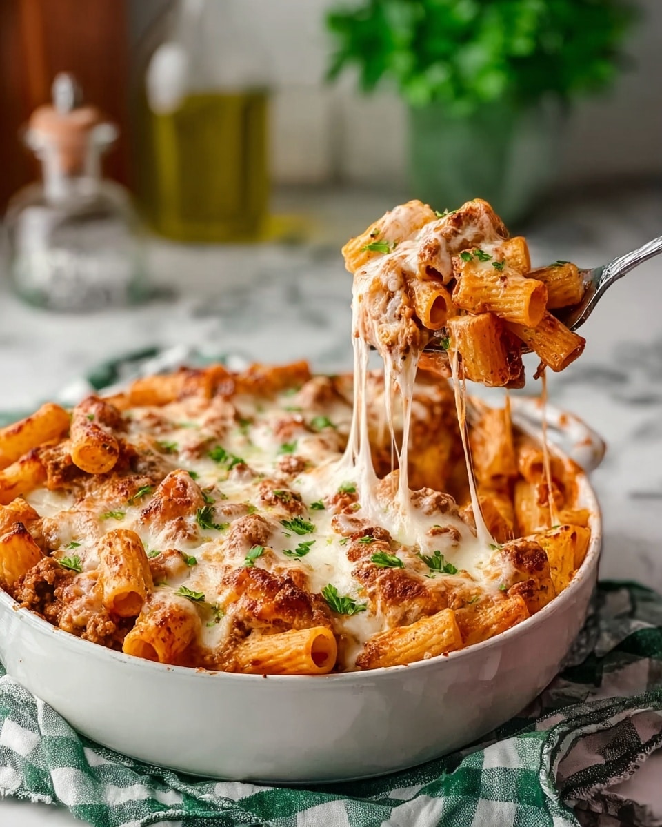 The image shows a white round dish filled with baked pasta in three layers: the bottom layer is rigatoni pasta coated in orange-red tomato sauce, the middle layer has browned chunks of ground meat mixed with the pasta, and the top layer is melted creamy white cheese stretching as a metal fork lifts a spoonful of the pasta. Small green parsley pieces are scattered across the cheese and pasta. The dish sits on a green and white checkered cloth on a white marbled surface, with blurred kitchen items like a glass bottle of oil and a green plant in the background. photo taken with an iphone --ar 4:5 --v 7