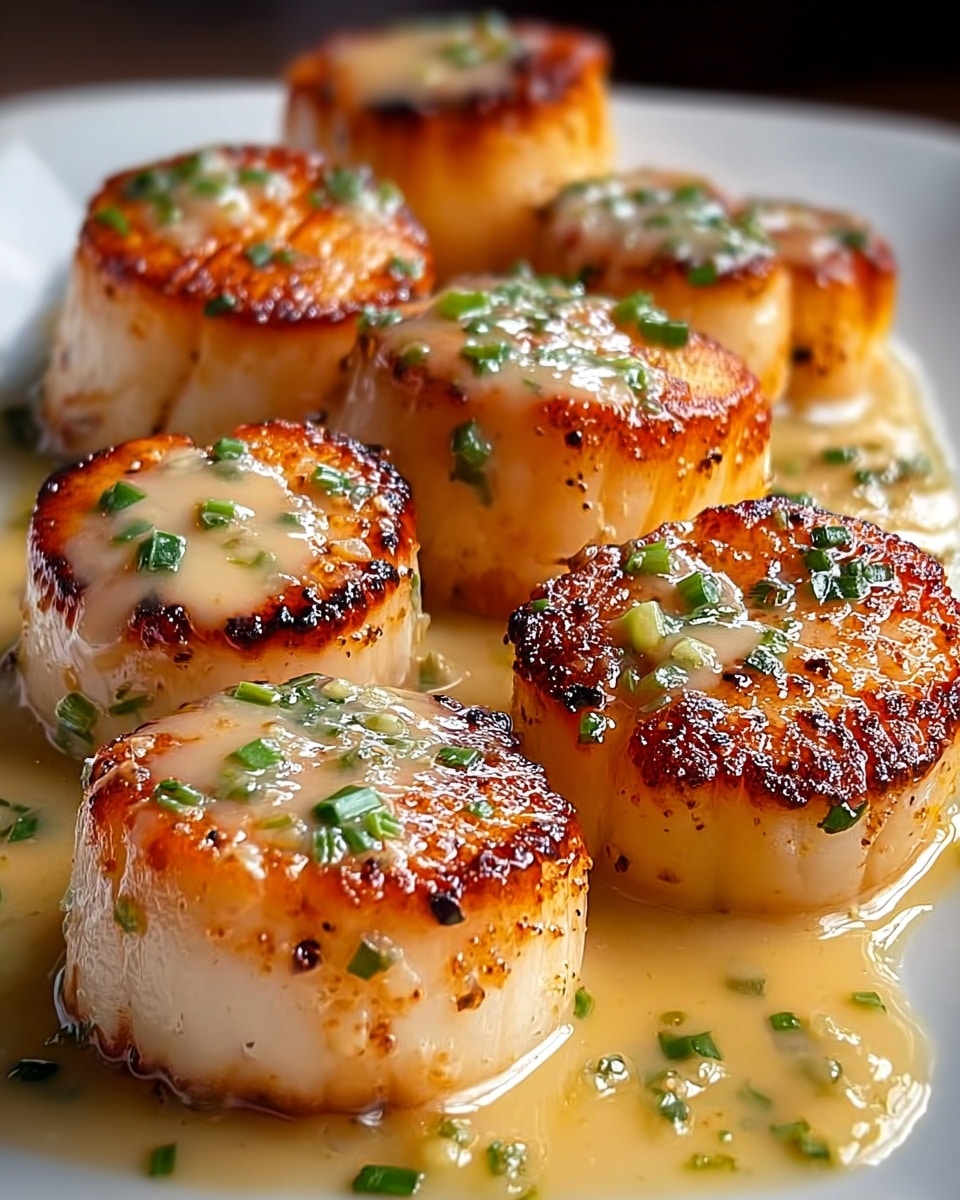 A white plate holds a close-up view of seven seared scallops with a golden-brown crust on their top and sides, showing a slightly crispy texture. Each scallop is topped with a light beige creamy sauce that glistens under the light and is sprinkled with small chopped green herbs. The sauce also pools at the base of the scallops, creating a shiny layer around them. The white marbled surface beneath the plate is softly blurred in the background, highlighting the rich colors and textures of the scallops. photo taken with an iphone --ar 4:5 --v 7