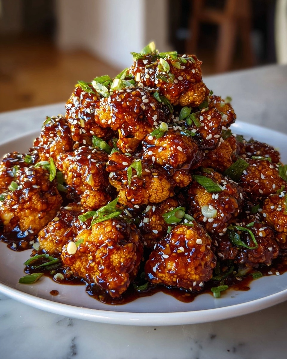 A white plate is filled with a pile of crispy cauliflower florets coated in a thick, glossy dark brown sauce. The cauliflower pieces are golden-orange underneath the sauce, showing a crunchy texture. Scattered on top are small green rings of chopped scallions and a sprinkling of white sesame seeds, adding color and texture contrast. The dish has a rich, sticky look from the sauce, and the pile creates height in the center of the plate. The white marbled surface is seen underneath the plate, with a blurred indoor background. photo taken with an iphone --ar 4:5 --v 7