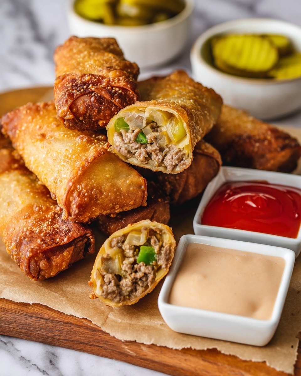A stack of golden brown egg rolls is arranged on a sheet of brown paper over a wooden board with a white marbled texture underneath. The front features one egg roll cut in half, showing three layers inside: the outer crispy, bubbly shell; a middle layer of cooked, finely chopped green peppers and onions; and the innermost layer of seasoned ground meat. Behind these, more whole egg rolls are stacked. In the foreground, there is a square white dish filled with bright red ketchup and a round white bowl filled with a light beige dipping sauce. At the top background, a small white bowl with pickles is partially visible. Photo taken with an iphone --ar 4:5 --v 7
