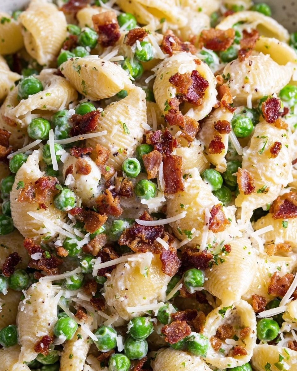 A close-up of a creamy pasta dish showing many light yellow shell pasta pieces coated with white creamy sauce, mixed with bright green peas scattered evenly, topped with small crispy brown bacon bits and thin white shredded cheese. The textures show smooth creamy sauce on pasta shells, the crispiness of bacon, and the softness of peas, all layered closely together. The whole dish appears rich and fresh against a white marbled texture. photo taken with an iphone --ar 4:5 --v 7