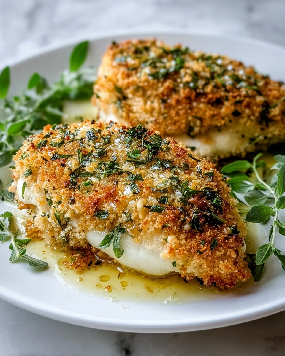 Two pieces of breaded chicken breasts are placed on a white plate with fresh green herb sprigs around the edges. Each chicken breast has a golden-brown, crispy breadcrumb layer mixed with green herbs on top, showing a crunchy texture. The chicken underneath is creamy white and slightly visible beneath the coating. There is a light, shiny sauce or oil pooling around the base of the chicken on the plate. The plate sits on a white marbled surface. photo taken with an iphone --ar 4:5 --v 7