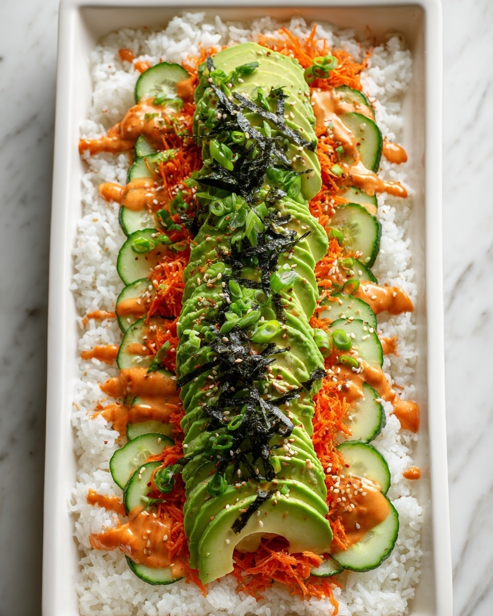 The dish is served in a white rectangular dish filled with a base layer of white sushi rice. On top of the rice, there is a ring of thinly sliced cucumber with bright green edges and pale centers, placed near the edges of the dish. Inside this cucumber ring, shredded orange carrot is spread evenly, adding texture and color. At the center, there are several fanned slices of ripe avocado with a smooth, pale green appearance. The avocado is topped with thin black strips of seaweed, scattered sesame seeds, and chopped green onions. A drizzle of orange spicy mayo sauce is seen over the carrots and around the edges, adding pops of color against the white rice. The entire dish rests on a white marbled surface. photo taken with an iphone --ar 4:5 --v 7