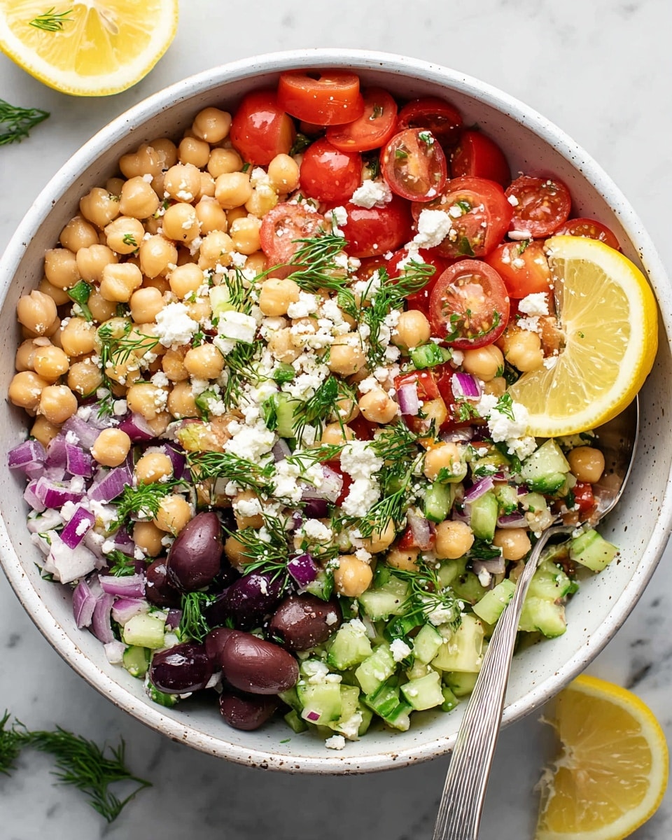 A white bowl filled with a colorful salad arranged in many layers: the base has light beige chickpeas mixed with small pieces of bright red cherry tomatoes, both whole and halved; mixed throughout are dark purple olives and light green cucumber chunks with a slightly rough texture; crumbled white feta cheese is sprinkled generously over the salad; finely chopped red onion adds tiny purple bits scattered around; fresh green parsley leaves and dill sprigs are spread on top, adding freshness; two lemon wedges with bright yellow skin and juicy interiors rest on one side of the bowl; a silver spoon is placed inside the bowl slightly submerged in the salad. The bowl sits on a white marbled surface partially visible around the edges. photo taken with an iphone --ar 4:5 --v 7