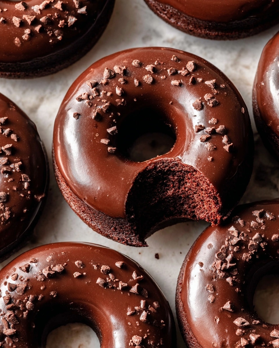 A close-up view of several chocolate donuts closely placed together on a white marbled surface, each donut has one thick layer of shiny, smooth dark chocolate glaze covering the top with small chocolate crumbs sprinkled unevenly on one half. One donut in the center has a large bite taken out, revealing a soft, moist and slightly crumbly dark brown chocolate cake inside. The donuts have a rich, deep brown color with a glossy texture on top and a porous, matte texture inside. Photo taken with an iphone --ar 4:5 --v 7