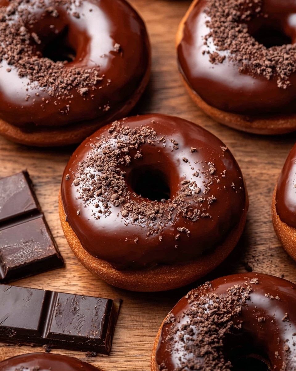 Several chocolate glazed donuts are shown closely arranged on a wooden surface, each with a smooth, shiny brown glaze layer topped with a light sprinkling of chocolate crumbs on one side. The donuts have a thick, cake-like texture visible around the center holes. Alongside the donuts, there are a few pieces of dark chocolate bars placed on the wooden surface, adding to the rich chocolate theme. The scene is clear and bright. photo taken with an iphone --ar 4:5 --v 7