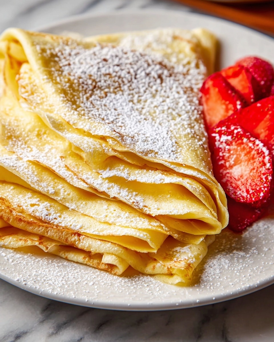A white plate holds a stack of thin, folded crepes arranged in about five visible layers, each layer showing a soft, golden-yellow color with light browning and a smooth texture. The crepes are dusted generously with white powdered sugar, adding a delicate snowy effect on top. On the right side of the plate, several bright red sliced strawberries with a shiny, juicy texture provide a fresh contrast. The plate is set on a white marbled surface, enhancing the warm tone of the crepes and the vibrant red of the fruit. photo taken with an iphone --ar 4:5 --v 7