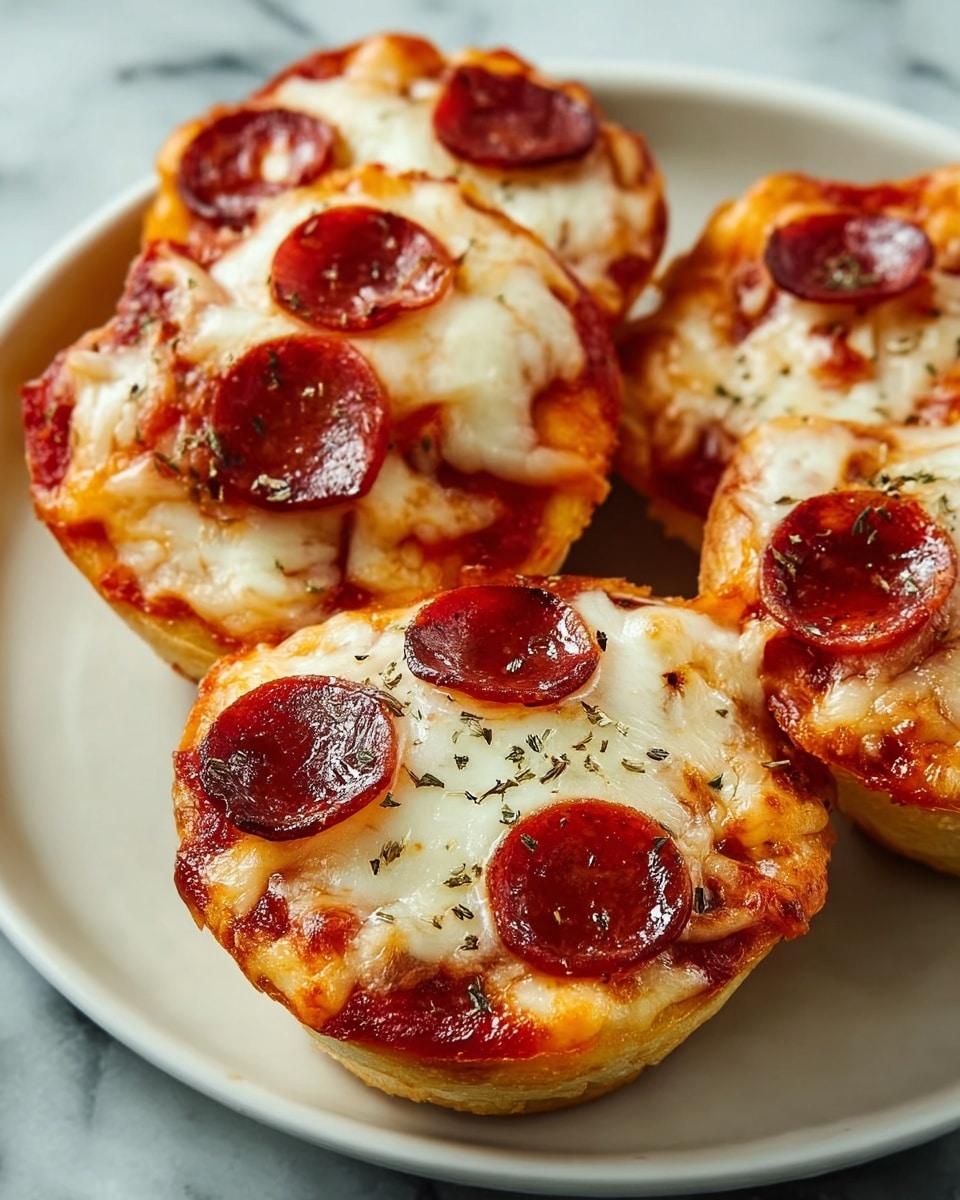 Four mini pepperoni pizzas sit on a round white plate, each having three main layers. The base layer is a golden brown crust that looks soft and slightly crispy at the edges. The middle layer is red tomato sauce peeking through the sides. The top layer features melted white cheese, bubbly and slightly browned, with several small, round, dark red pepperoni slices spread evenly on each pizza. Some dried green herbs are sprinkled over the cheese. The plate rests on a white marbled surface. photo taken with an iphone --ar 4:5 --v 7