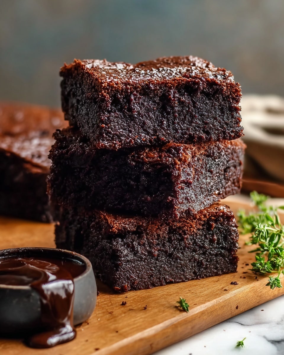 A stack of three thick, dark brown brownies is placed on a wooden board. The brownies have a slightly crispy, cracked top layer with a moist and dense interior visible on the sides. A small sprig of green herb lies near the bottom right of the stack, and a small dark bowl with a glossy chocolate sauce is positioned in the front left corner. The background is blurred with soft natural light highlighting the texture of the brownies. The board rests on a white marbled texture surface. photo taken with an iphone --ar 4:5 --v 7