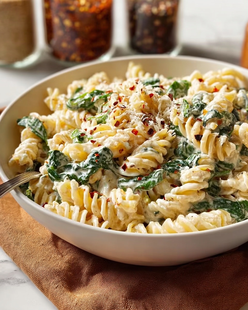 A white bowl filled with creamy rotini pasta mixed with visible wilted green spinach leaves evenly spread throughout. The pasta is coated in a smooth white sauce speckled with small pieces of red chili flakes and finely grated cheese sprinkled on top. The texture shows the spiral pasta soft but firm, coated thickly with the sauce, while the spinach adds a fresh contrast. The bowl sits on a soft brown cloth over a white marbled textured surface, with blurred jars of spices visible in the background. photo taken with an iphone --ar 4:5 --v 7
