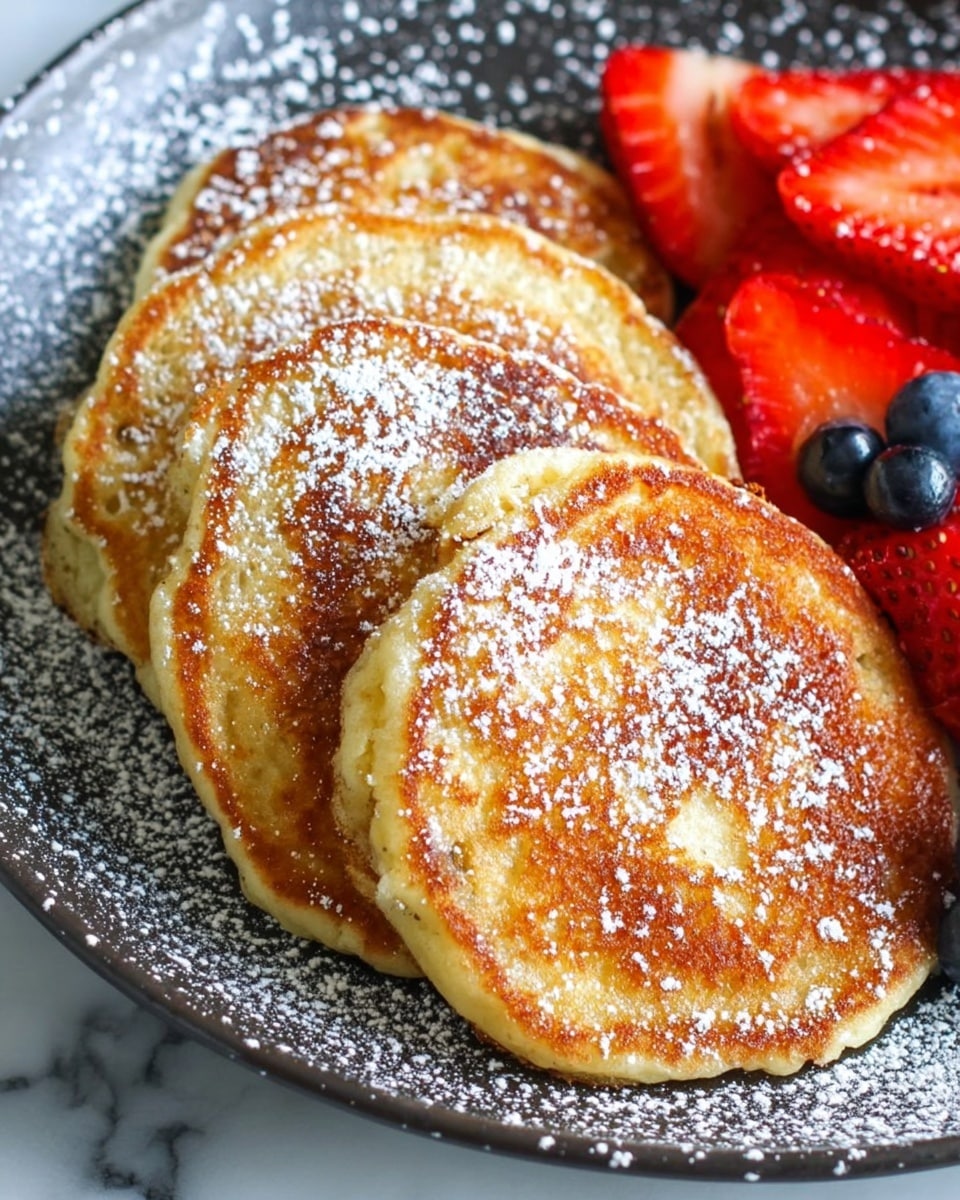 The image shows a close-up of four golden-brown pancakes stacked closely on a white plate with a dark speckled pattern, dusted lightly with powdered sugar. Each pancake has a slightly crisp and uneven edge, with a soft, fluffy texture in the center. On the right side, there are bright red sliced strawberries and a couple of whole blueberries adding a fresh contrast in color. The plate is on a white marbled surface. photo taken with an iphone --ar 4:5 --v 7