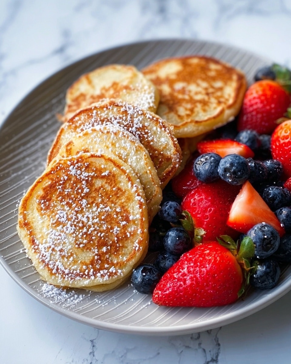 A white plate holds four golden brown pancakes stacked slightly overlapping on the left side, each pancake showing a light crispy texture with a sprinkle of powdered sugar on top. On the right side of the plate is a fresh fruit mix, including whole and halved red strawberries and clusters of plump blue blueberries, their colors vibrant against the plate. The background features a white marbled texture that adds a clean and bright look to the scene. photo taken with an iphone --ar 4:5 --v 7