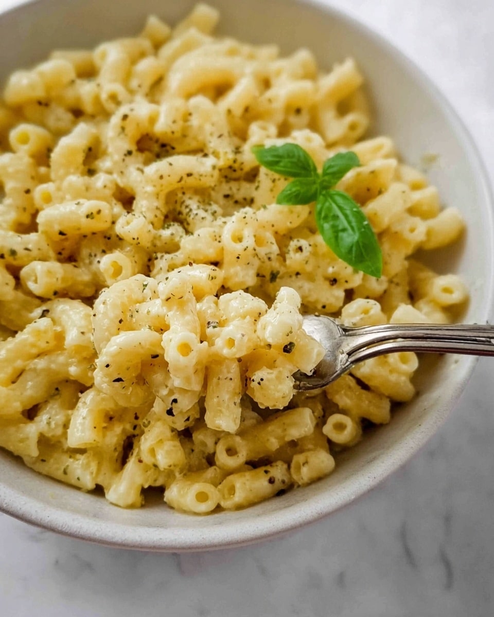 A close-up of a white bowl filled with creamy macaroni pasta, about two layers thick. The macaroni is coated in a light yellow cheese sauce with small specks of black pepper sprinkled evenly across the dish. A silver fork is lifting some macaroni from the middle of the bowl, showing the pasta’s smooth and creamy texture. On the right side, a small sprig of green basil adds a fresh touch, resting gently on top of the pasta. The bowl is placed on a white marbled surface. photo taken with an iphone --ar 4:5 --v 7