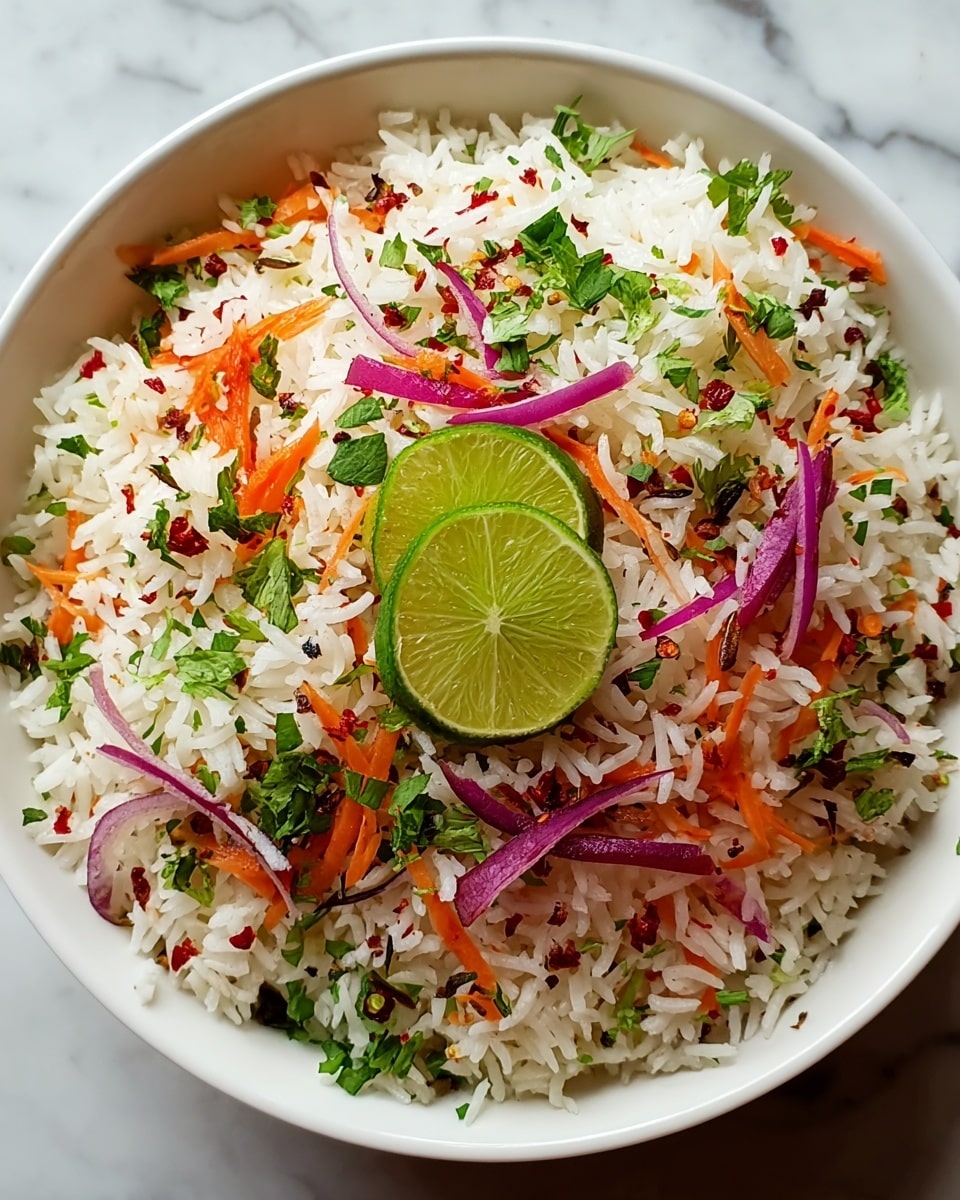 A white bowl filled with a colorful rice dish showing about four layers: the base layer is white cooked rice with a soft and fluffy texture; scattered throughout are thin orange carrot strips adding bright color; thin slices of purple onion spread over the dish contribute a sharp contrast; green chopped herbs are sprinkled evenly adding freshness; red chili flakes are visible in small clusters, adding specks of red; finally, two lime wedges sit near the top center, adding a fresh green touch with shiny rind. The bowl sits on a white marbled surface. photo taken with an iphone --ar 4:5 --v 7