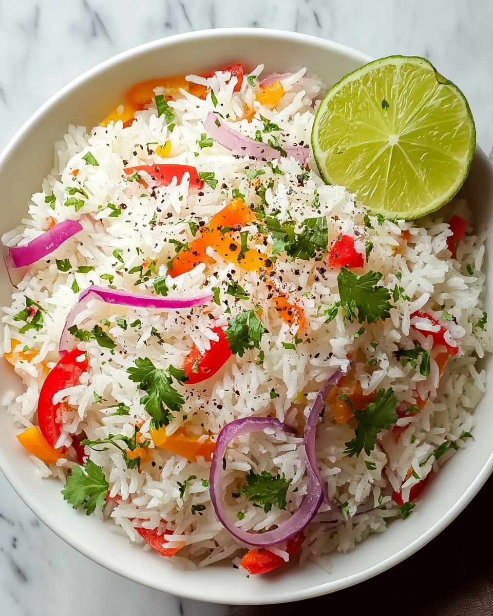 A white bowl filled with fluffy white rice mixed with small pieces of red and orange bell peppers and thin slices of purple onion, all evenly spread throughout. On top, there is a green slice of lime placed slightly to the side, garnished with fresh green cilantro leaves and black pepper specks sprinkled over the rice and vegetables, all set against a white marbled surface. Photo taken with an iphone --ar 4:5 --v 7