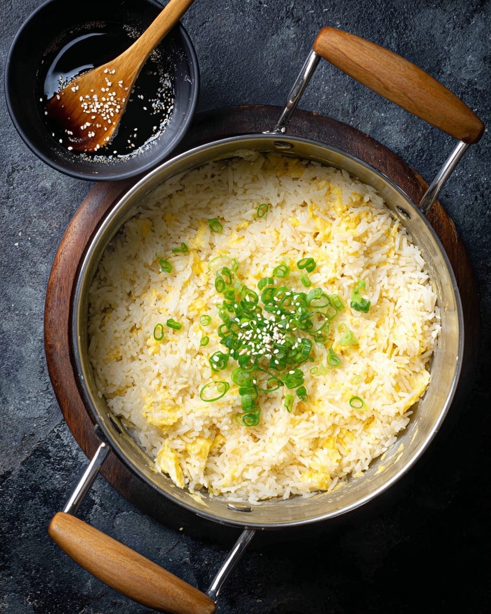 A round silver pot with wooden handles contains one main layer of cooked rice mixed lightly with beaten eggs, giving it a soft, slightly creamy yellow and white texture. On the top center, there is a small pile of chopped green onions with a few white sesame seeds scattered over them, adding a fresh green contrast. The pot sits on a dark, textured surface, next to an empty black bowl with some sauce residue and a wooden spoon resting inside it. photo taken with an iphone --ar 4:5 --v 7