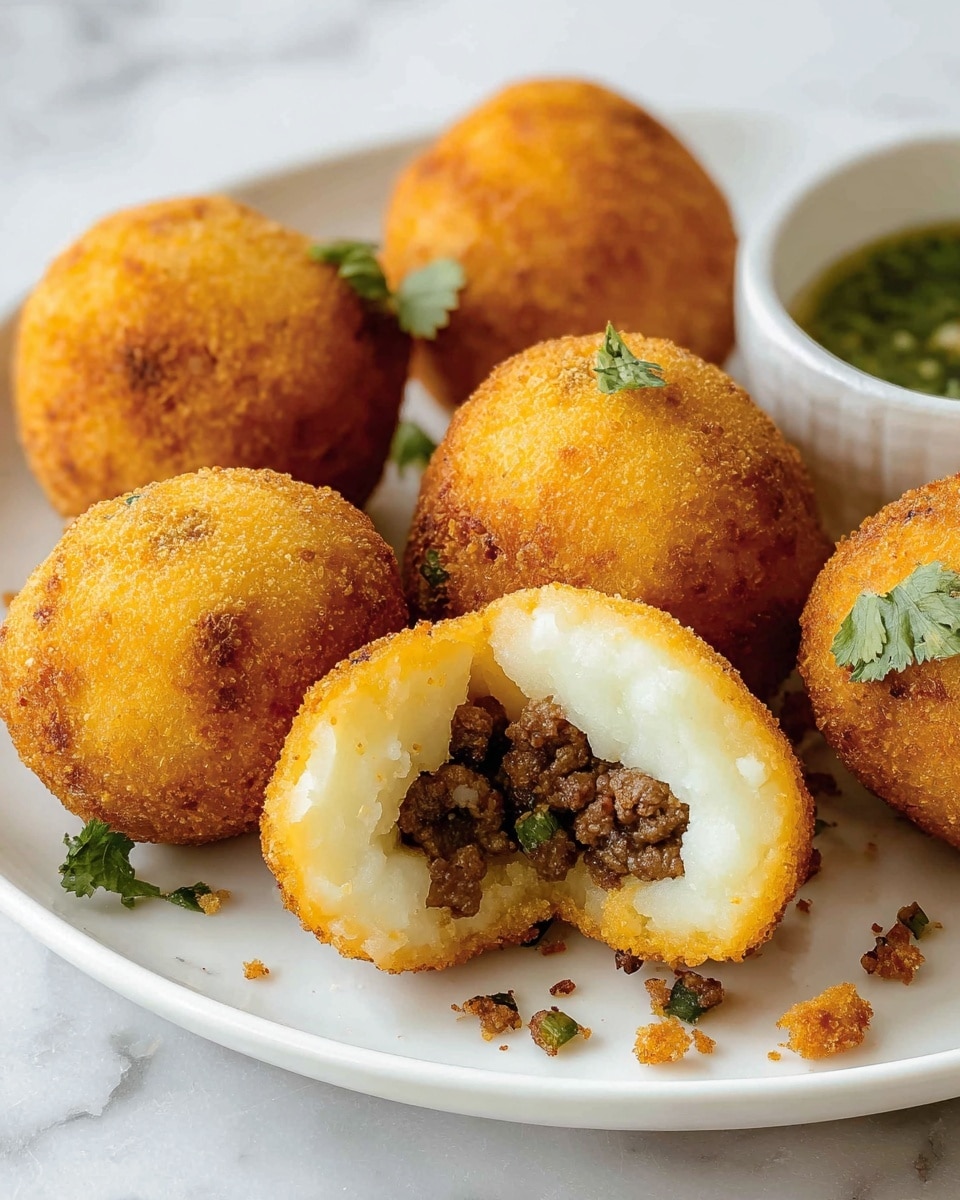 A close-up view of six round, golden-brown fried balls on a white plate with a white marbled background. One ball is cut open in the front center, showing three layers: the outside layer is a crispy, golden bread crumb coating; the middle layer is smooth and white, looking like mashed potatoes; the innermost filling is made of brown minced meat and small green herb pieces, all tightly packed inside. The texture of the fried balls is crunchy on the outside and soft inside, with crumbs scattered lightly on the plate. Nearby, there is a small white bowl with a green sauce and a sprig of green herb. Photo taken with an iphone --ar 4:5 --v 7