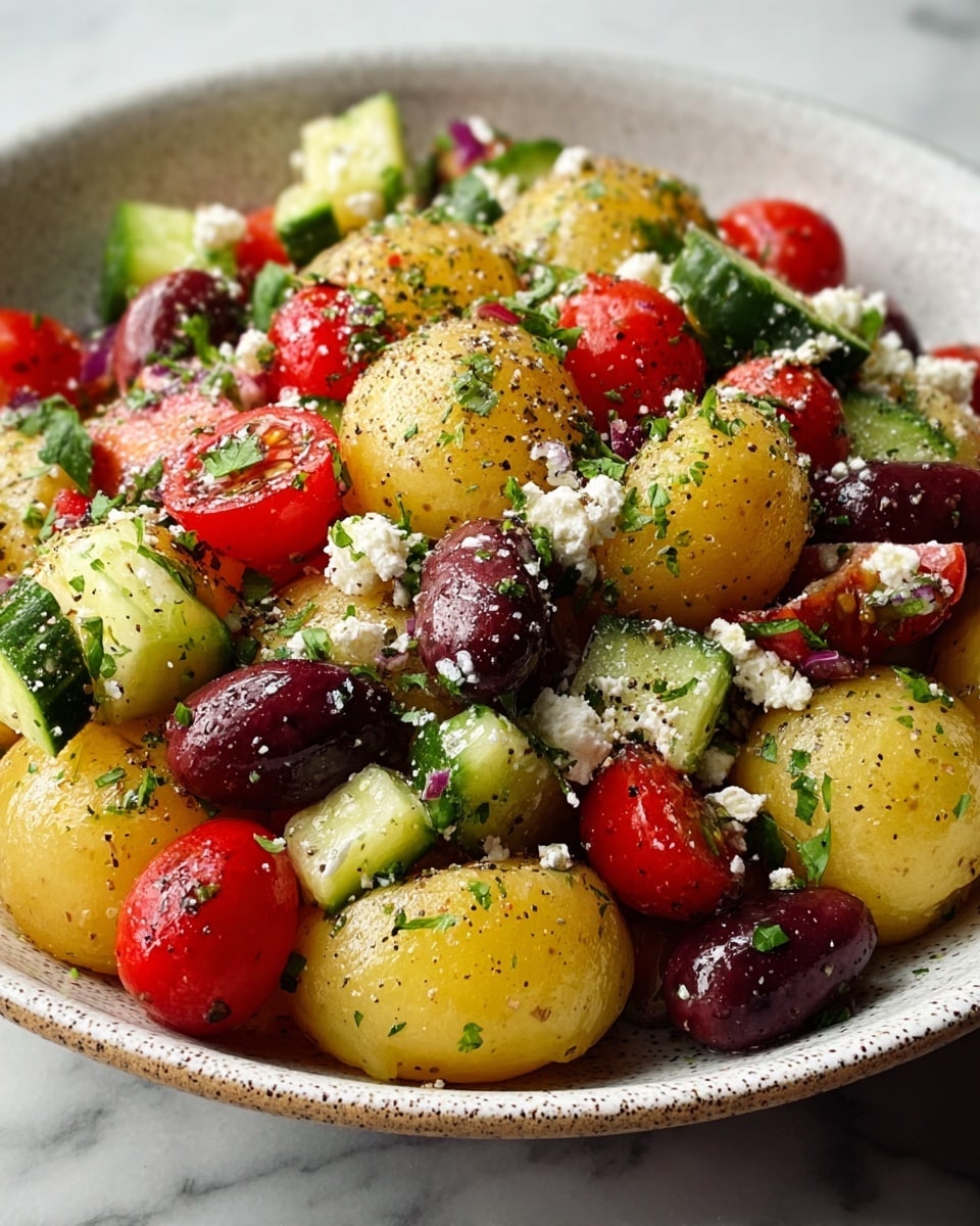 The image shows a close-up view of a mixed salad in a white bowl with a speckled texture, placed on a white marbled surface. The salad is layered with small, halved yellow potatoes forming the base, bright red cherry tomatoes scattered throughout, and green cucumber pieces cut into small chunks. Dark purple olives and small white crumbles of feta cheese are dotted on top, all sprinkled with freshly chopped green herbs and a seasoning of black pepper. The overall texture looks fresh and moist with a slight glistening from dressing photo taken with an iphone --ar 4:5 --v 7