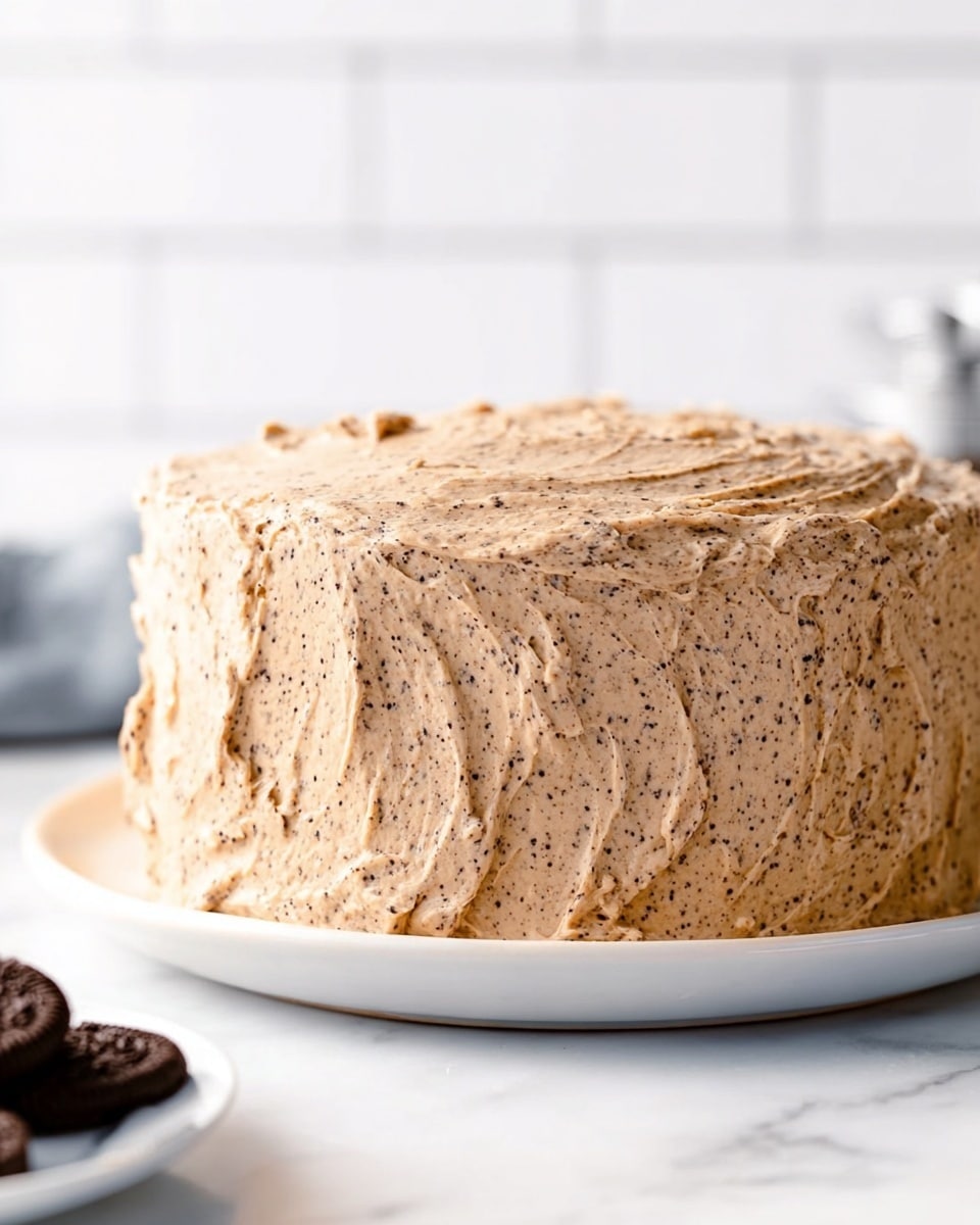 A round cake covered in rough, creamy light brown frosting with visible dark specks all over, showing a textured and slightly swirled pattern. The cake appears to have at least two layers inside under the thick frosting. It is placed on a simple white plate, set on a white marbled surface, with part of a dark cookie visible on the left side near the cake, giving a hint of flavor or style. The background is softly blurred with white tiled wall. photo taken with an iphone --ar 4:5 --v 7