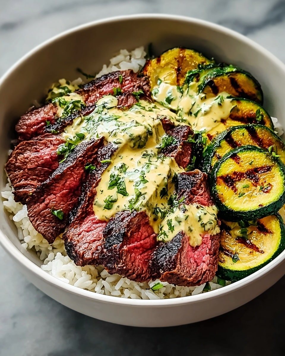 A white bowl holds a layered dish starting with a base of fluffy white rice. On top of the rice, there are slices of grilled zucchini, showing a mix of green and charred golden-brown edges, arranged in a ring around the bowl. In the center, several slices of medium-rare steak lie across the vegetables, showing a pink inside and a dark brown grilled crust. A creamy light-yellow sauce with green chopped herbs is drizzled generously over the steak, adding a fresh, rich look. The bowl sits on a white marbled surface. photo taken with an iphone --ar 4:5 --v 7