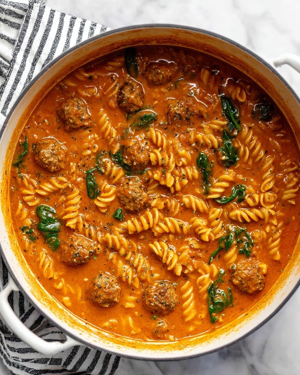 A close-up of a white pot filled with a thick, orange-red sauce mixed with spiral pasta and small brown meatballs scattered evenly throughout. Bright green spinach leaves are interspersed within the sauce, adding contrast to the warm tones. The sauce looks creamy and rich with visible herbs and seasonings. The pot rests on a white marbled surface beside a white and black striped cloth, highlighting the dish's hearty texture and vibrant colors. photo taken with an iphone --ar 4:5 --v 7