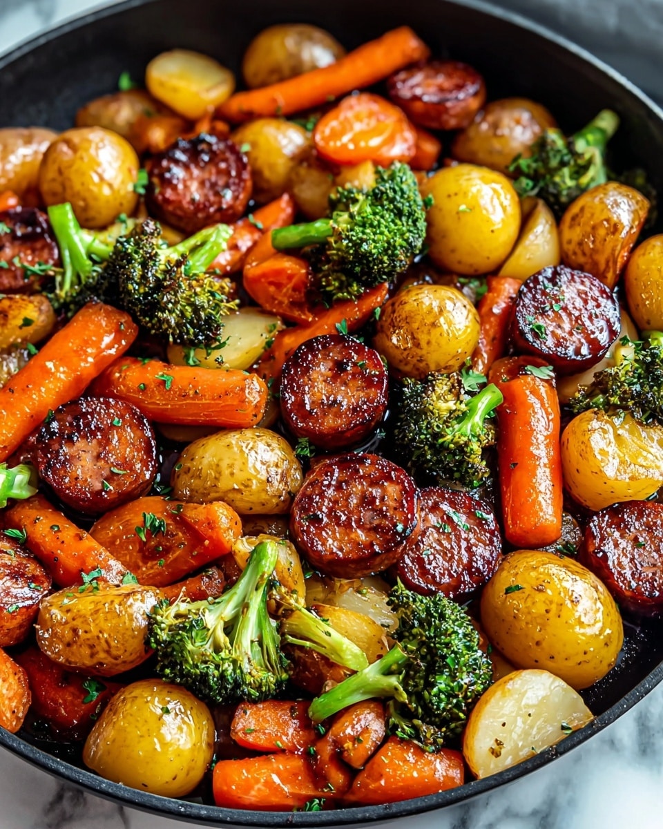 A black pan filled with several cut pieces of browned sausage that have a shiny, caramelized texture on top, mixed with golden roasted baby potatoes that have a crispy skin, bright orange baby carrots, and small vibrant green broccoli florets. The ingredients look well coated in a glossy glaze with flecks of herbs, all arranged evenly within the pan. The pan is placed on a white marbled surface. photo taken with an iphone --ar 4:5 --v 7