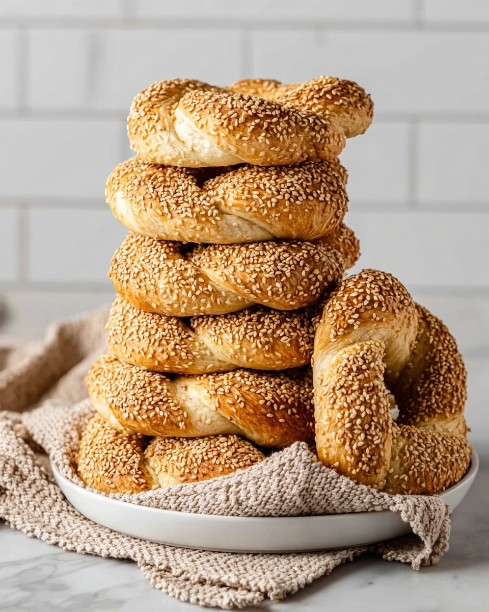 A tall stack of eight twisted oval bread rings covered with golden-brown toasted sesame seeds sits on a white plate, lined with a beige knitted cloth that drapes over the edges. The bread rings have a golden crust with a soft, light beige texture showing between the twists. One bread ring is leaning against the stack on the right side, and the scene is set against a white marbled surface and a white tiled background. photo taken with an iphone --ar 4:5 --v 7