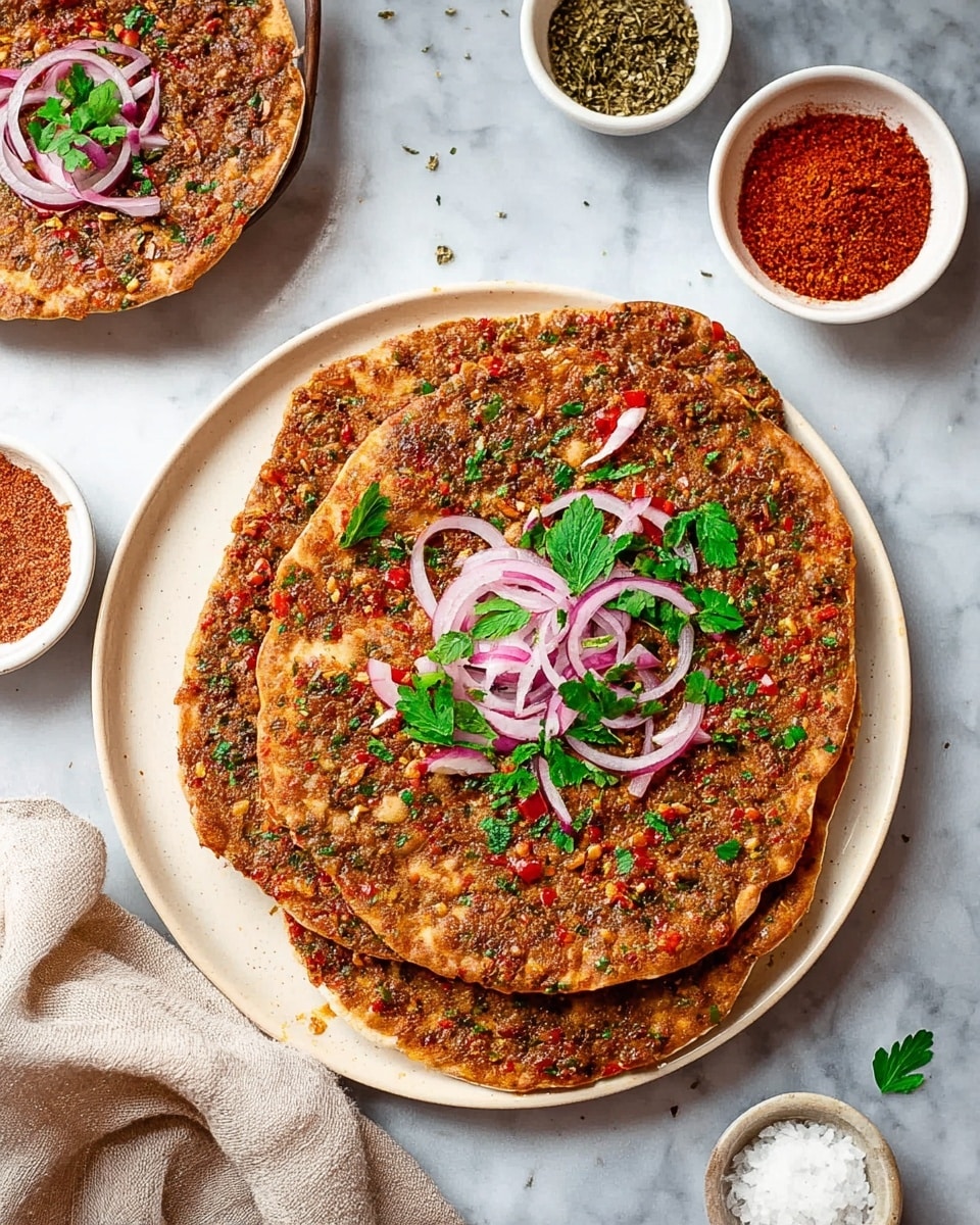 The image shows three flat, round lahmacun on a large white plate, stacked slightly over each other. Each lahmacun has a thin crust base topped with a mix of ground meat, finely chopped red peppers, herbs, and spices, giving a textured look in reddish-brown tones with green and white bits. The top lahmacun is garnished with raw thinly sliced red onion rings and fresh green parsley leaves scattered in the center. Around the plate, there are small white bowls filled with coarse salt, red chili powder, and dried herbs, placed on a white marbled surface. A woman's hand is partially visible on the side, holding a small bowl with extra onion and parsley, and a light beige cloth is folded nearby. photo taken with an iphone --ar 4:5 --v 7