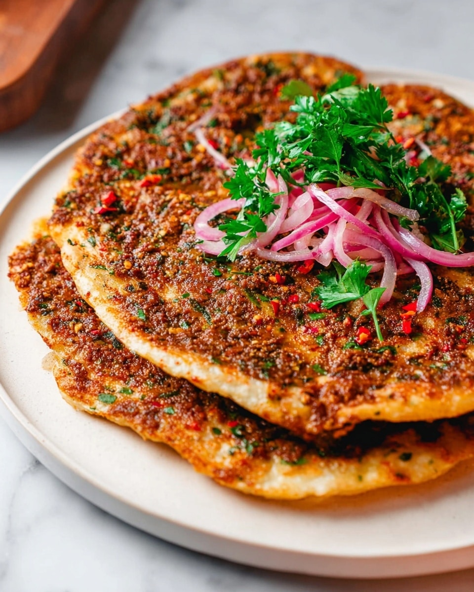 The image shows two round flatbreads stacked on a white plate with a white marbled background. Each flatbread has one thin, crispy-looking layer with a brown, spread-out meat topping mixed with small pieces of red chili and green herbs, giving it a textured appearance. On the top flatbread, there is a small pile of sliced pink onions and fresh bright green parsley leaves placed roughly in the center. The flatbreads have slightly uneven edges, and the plate sits on a surface with soft light highlighting the colors and textures. A woman's hand is not present in the image. Photo taken with an iphone --ar 4:5 --v 7