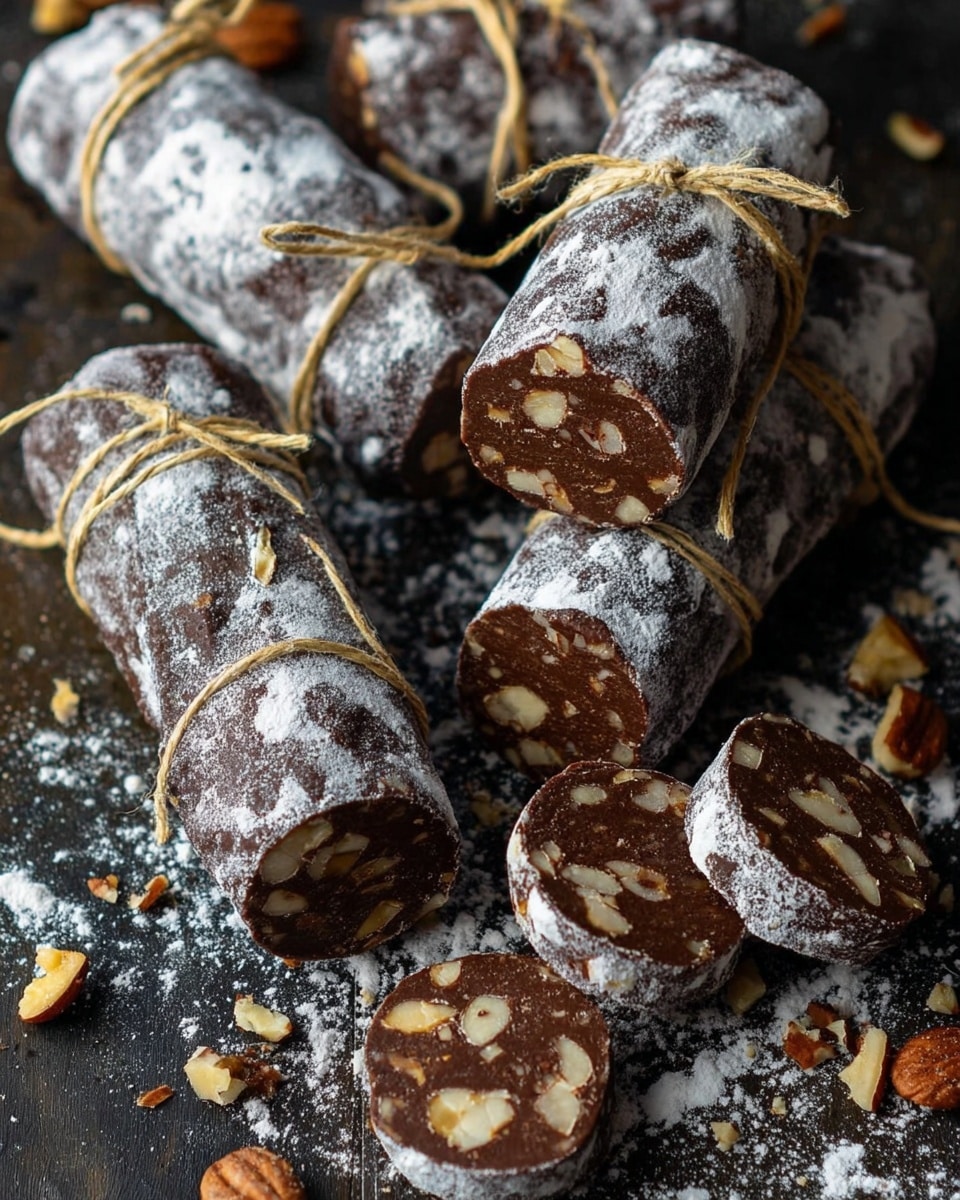 Several small sausage-shaped chocolate logs are shown on a dark surface with a white marbled texture. Each log is wrapped with a light string tied around it several times, and the outside is covered in white powder. Some logs are whole, while others are sliced into round pieces, revealing a rich dark brown chocolate interior with small bits of lighter nuts scattered inside. There are broken nut pieces scattered around the logs. The overall look is rustic and homemade. photo taken with an iphone --ar 4:5 --v 7