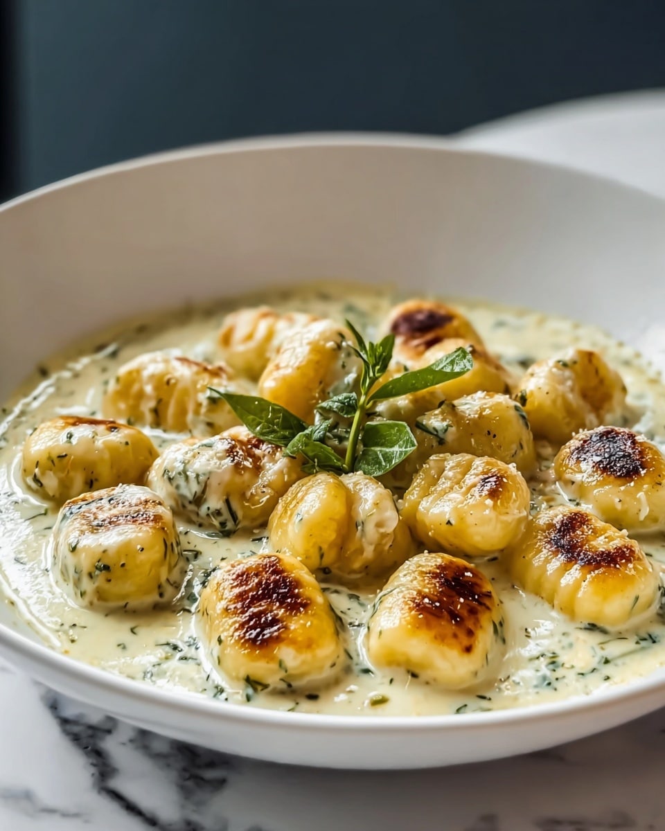 A white bowl filled with golden brown gnocchi pieces, each showing a slightly crispy top with charred spots, is covered with a creamy white sauce speckled with green herbs. The gnocchi are plump and smooth, resting evenly in the thick sauce that pools at the bottom of the bowl. A small green herb garnish sits in the middle on top, adding a fresh touch. The bowl is placed on a white marbled surface with a blurred dark background behind. photo taken with an iphone --ar 4:5 --v 7